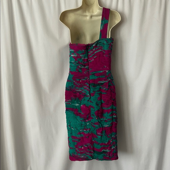 Tadashi Shoji Elegant One-Shoulder Teal/Pink 💯% Silk Dress **Size 6** 🌺🌺 - Picture 2 of 5